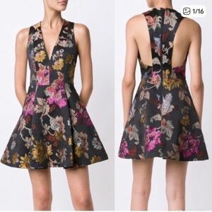 ALICE + OLIVIA Mollie Black Metallic Brocade Floral Mini Dress Cocktail Silver